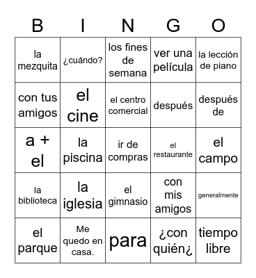 Spanish 1 - capítulo 4A vocabulario Bingo Card