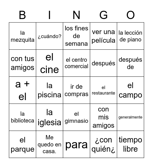Spanish 1 - capítulo 4A vocabulario Bingo Card