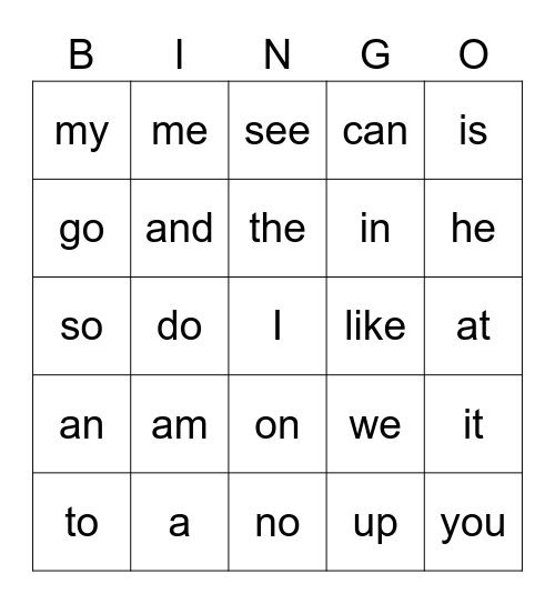 Sight Words - List A Bingo Card