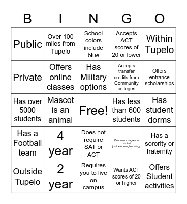 College Fair Bingo Card