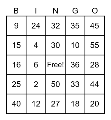 multiplication BINGO Card