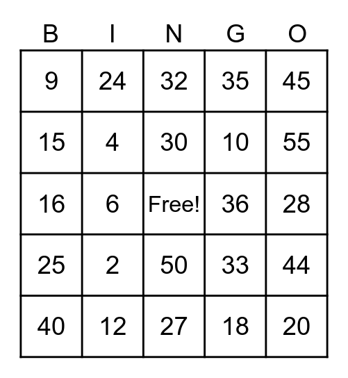 multiplication BINGO Card