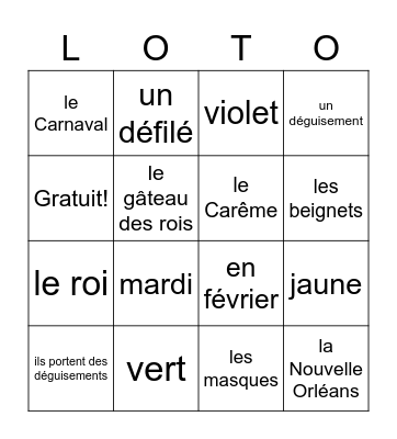 Mardi Gras: Une fête amusante Bingo Card