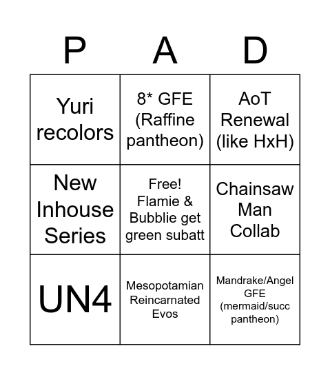 PAD 11th Anni Bingo Card