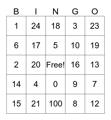Number Bingo Card