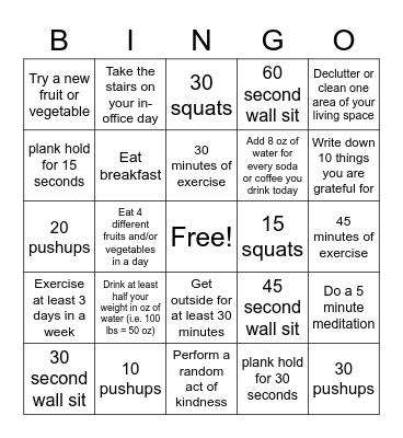 Wellness Bingo Challenge Bingo Card