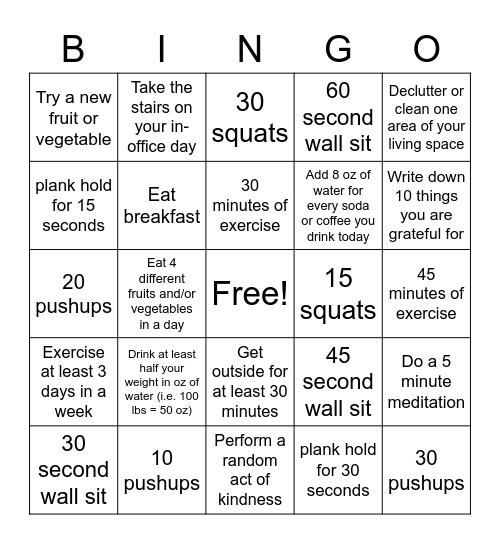 Wellness Bingo Challenge Bingo Card