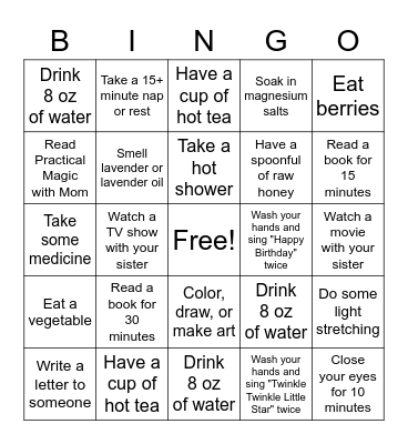 Sick Day Bingo Card