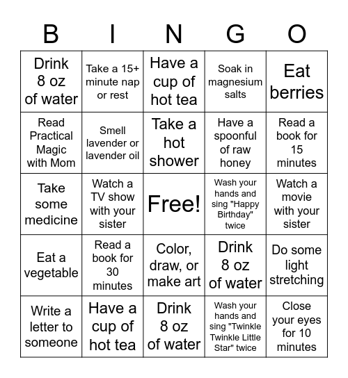 Sick Day Bingo Card