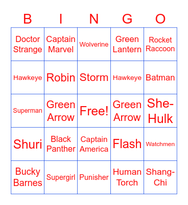 SUPERHERO BINGO Card