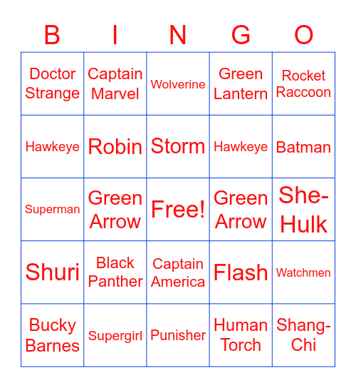 SUPERHERO BINGO Card