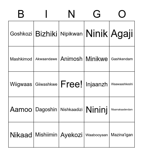 Ojibwe Bingo Card