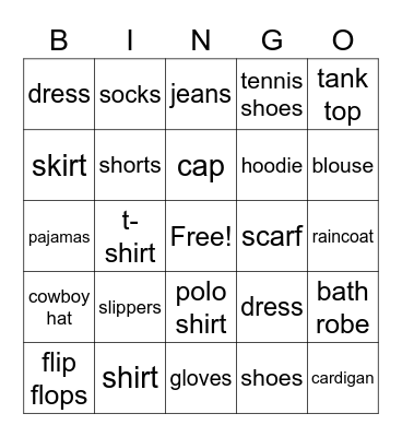 Clothes (A&B) Bingo Card