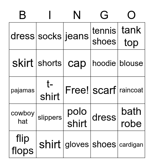 Clothes (A&B) Bingo Card