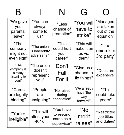 Union Busting Bingo Card