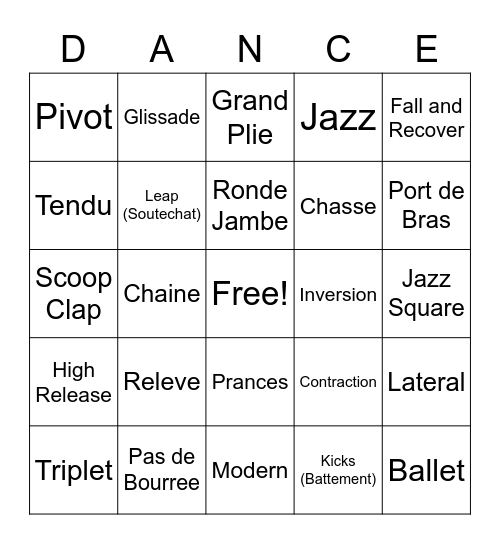 Intro Dance Bingo Card