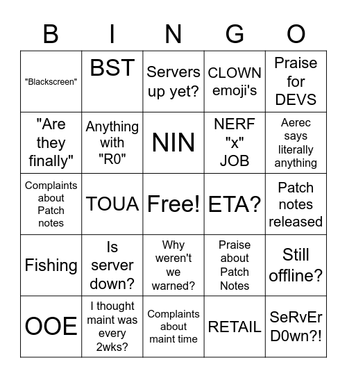 Horizon Server Maintenance BINGO Card