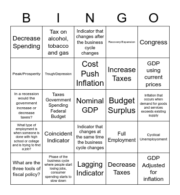 Business/Fiscal Test Bingo Card