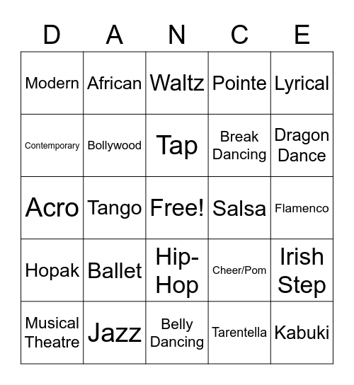 Dance Styles Bingo Card