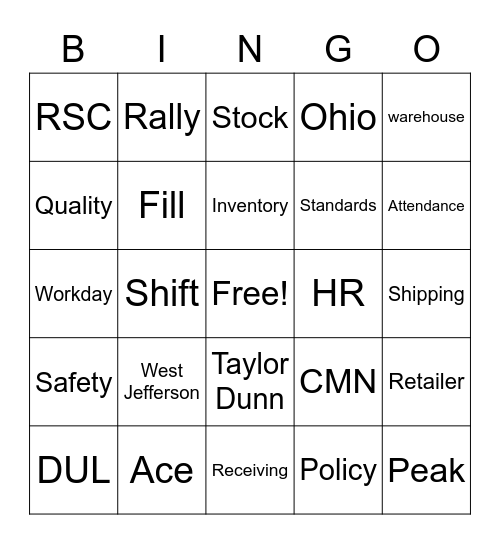 West Jefferson RSC Bingo Card