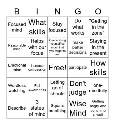 DBT Mindfulness Review Bingo Card