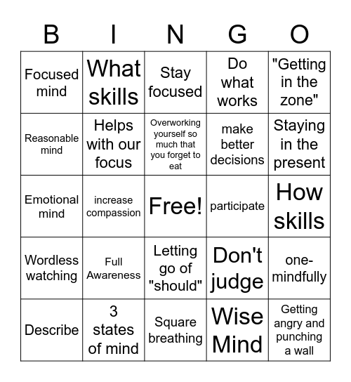 DBT Mindfulness Review Bingo Card