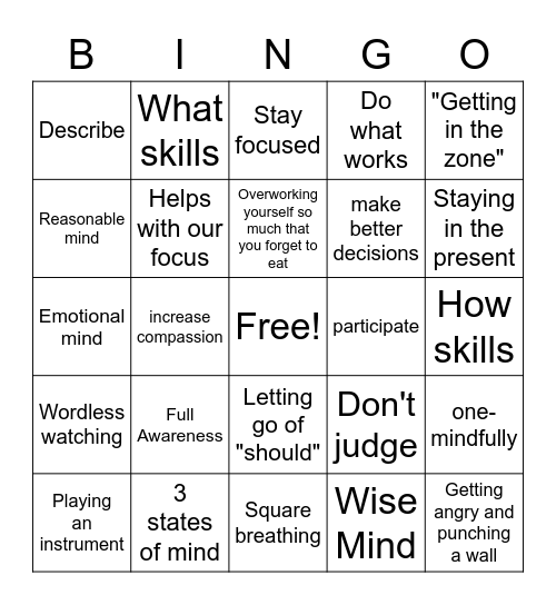 DBT Mindfulness Review Bingo Card