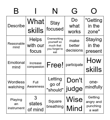 DBT Mindfulness Review Bingo Card