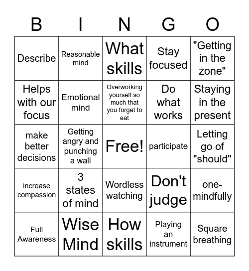 DBT Mindfulness Review Bingo Card