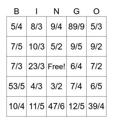 Mixed number to improper fractions Bingo Card