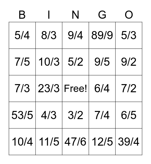 Mixed number to improper fractions Bingo Card
