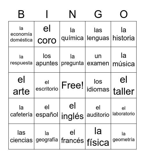 En clase- Materias y Escuela Bingo Card