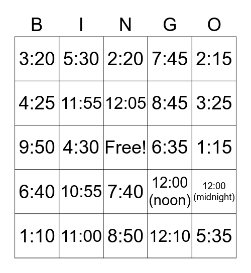 Time Bingo Card