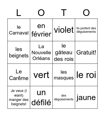 LOTO: Mardi Gras Bingo Card