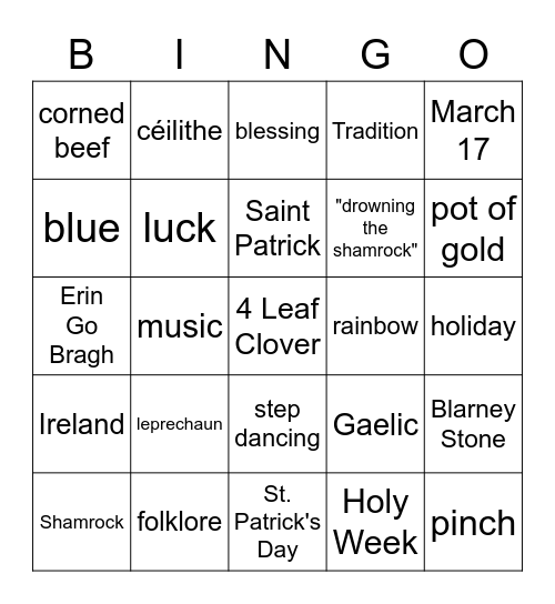 St. Patrick's Day Bingo Card