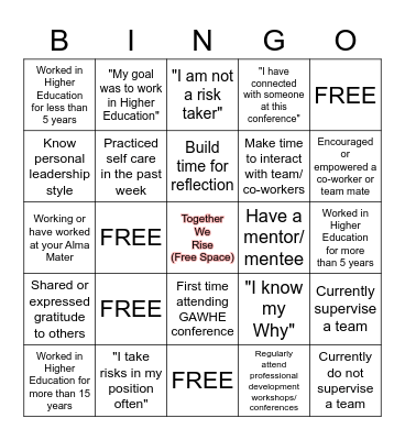 GAWHE Lending Lessons of Leadership Bingo Card