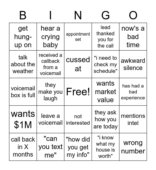 Call Party Bingo Card