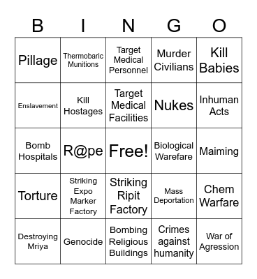 War Crimes Bingo Card