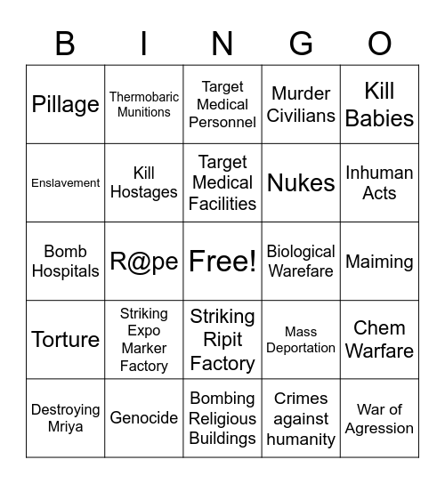 War Crimes Bingo Card