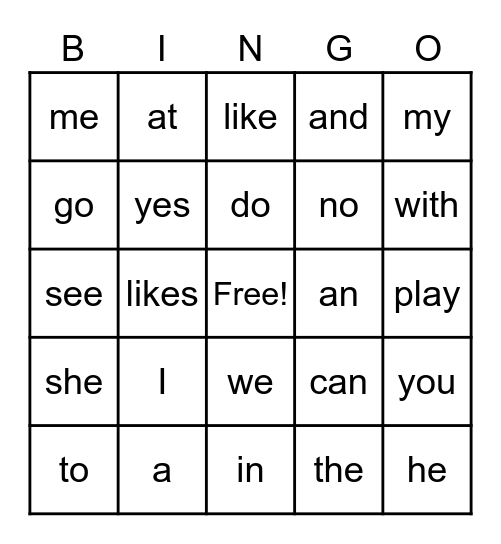 Sight Words Bingo Card