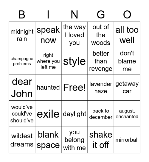 swift bingo Card