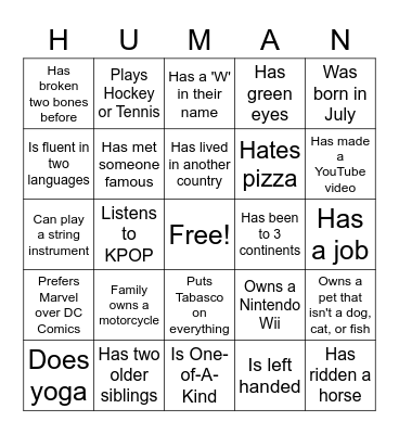 One of a Kind Bingo Card