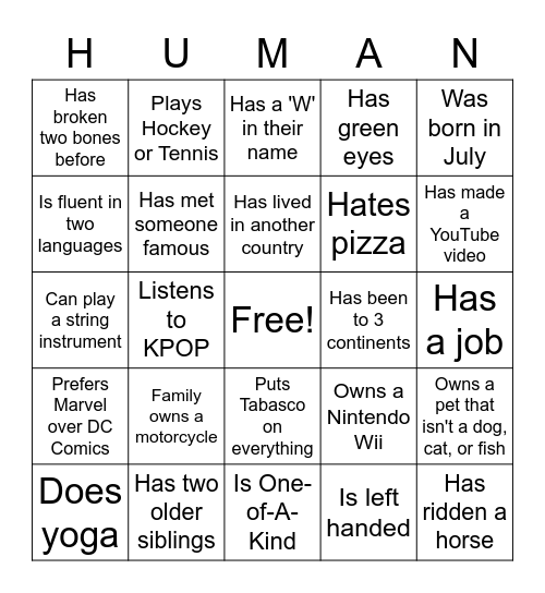 One of a Kind Bingo Card