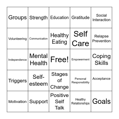 Recovery Bingo Card