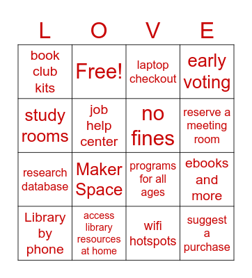 Reasons to Love Your Library Bingo Card