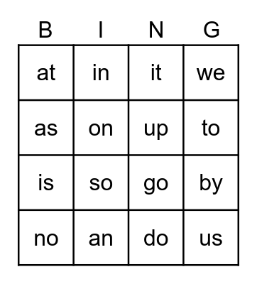 Snap Word Bingo Card