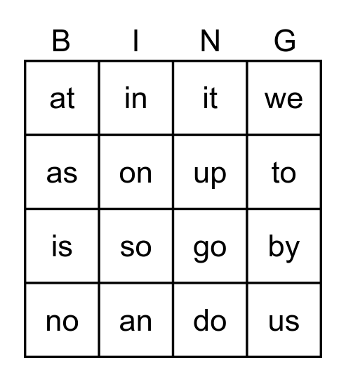 Snap Word Bingo Card