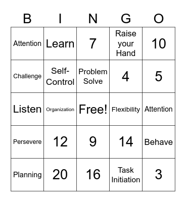 Executive Functioning Skills Bingo Card