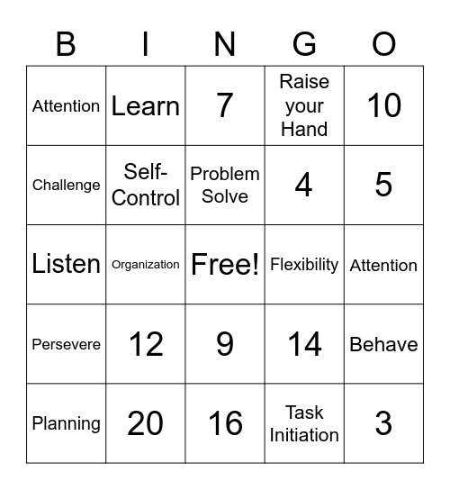 Executive Functioning Skills Bingo Card