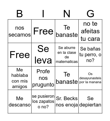 Spanish Reflexive Practice Bingo Card
